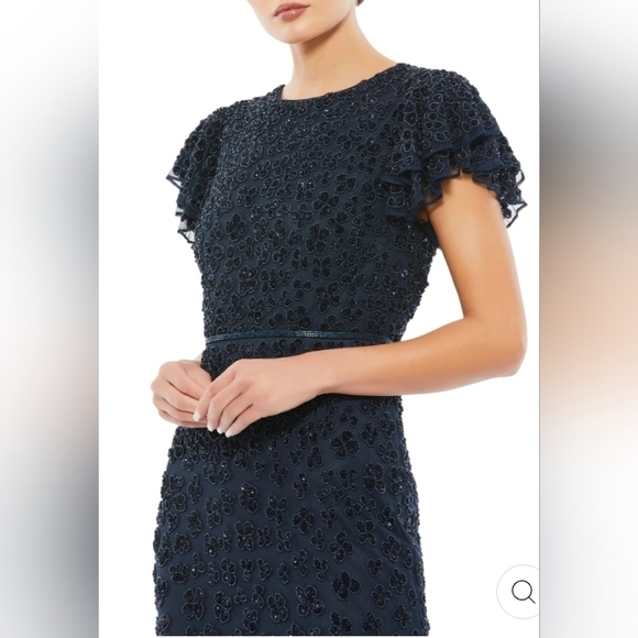 NWT Mac Duggal, Hand Beaded Flounce Sleeve Midi Dress, Midnight, Size 8 - $498 - Picture 3 of 12